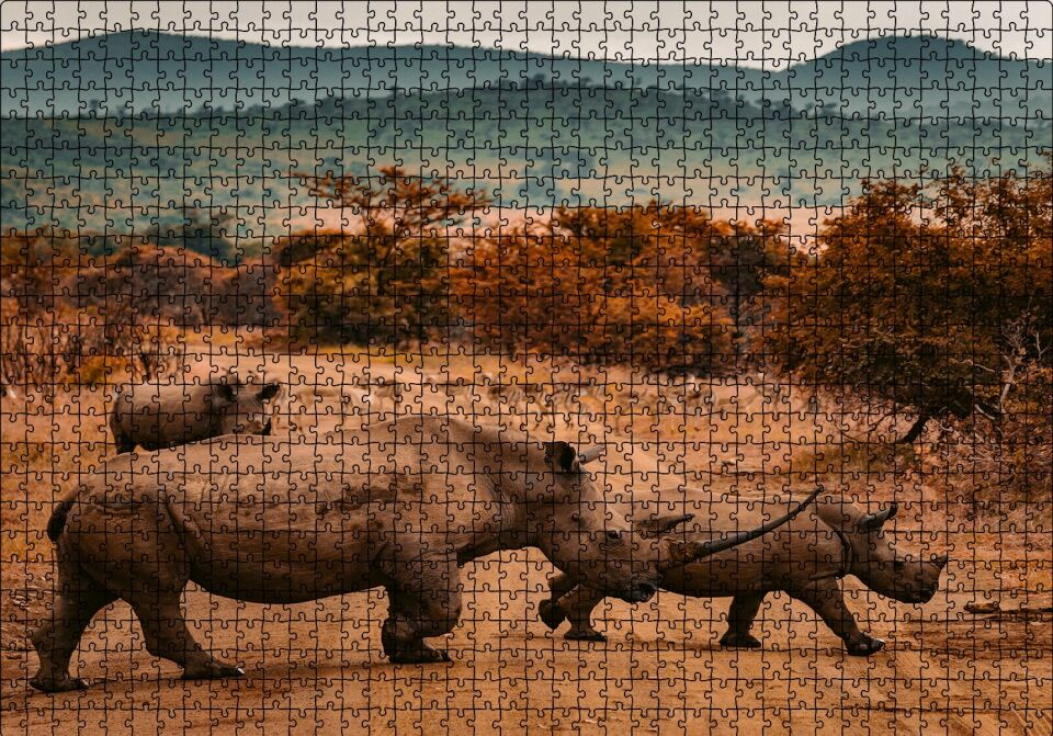 Muhteşem Boynuzlu Gergedan ve Yavrusu Puzzle Yapboz MDF Ahşap 1000 Parça 49 cm X 68 cm