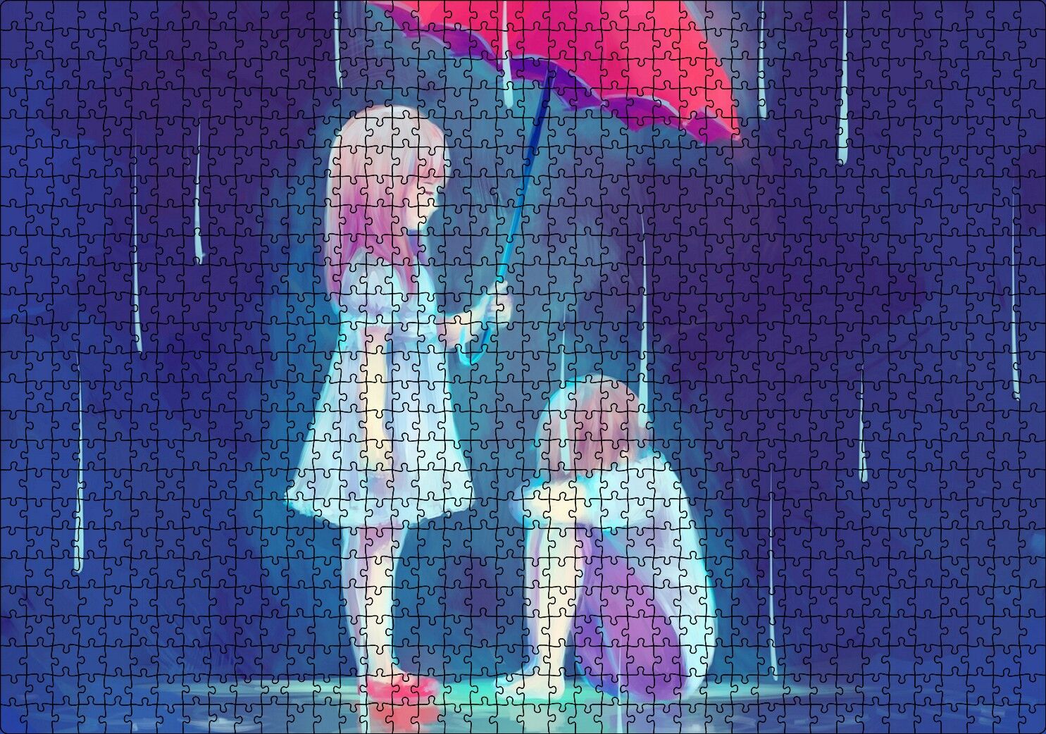 Yağmurda Kırmızı Şemsiyeli Küçük Kız ve Erkek Çizim Puzzle Yapboz MDF Ahşap 1000 Parça 49 cm X 68 cm