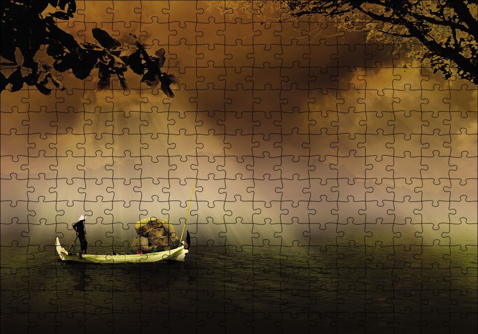 Uzak Doğu Yük Taşıyan Kayık Puzzle Yapboz MDF Ahşap 255 Parça 34 cm X 49 cm