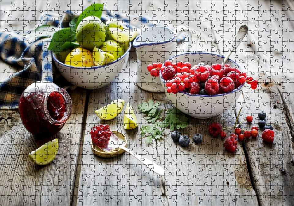 Kasede Ahududu Kızılcık Limon Lime ve Reçel Kavanozu Puzzle Yapboz MDF Ahşap 500 Parça 49 cm X 68 cm
