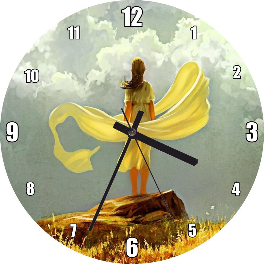 Bulutlu Gökler ve Sarı Elbiseli Kız Mdf Ahşap Duvar Saati