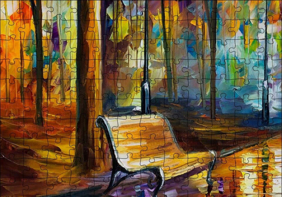 Ağaçlar Altındaki Boş Bank Yağlıboya Puzzle Yapboz MDF Ahşap