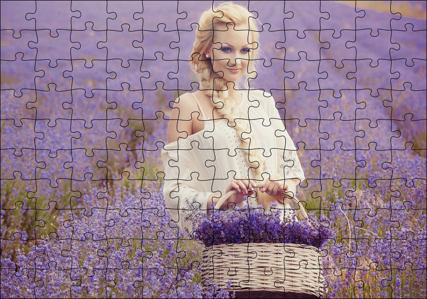Lavanta Tarlası ve Sepetli Kız Puzzle Yapboz MDF Ahşap 120 Parça 24 cm X 34 cm
