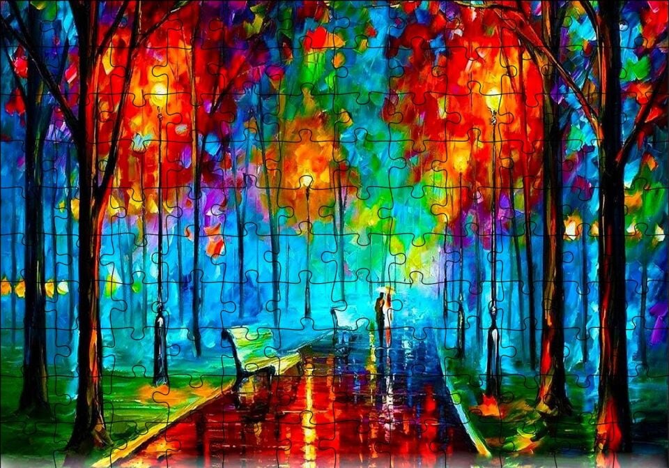 Ağaçlı Yol Yağmur Şemsiyeli Çift Yağlı Boya Puzzle Yapboz MDF Ahşap