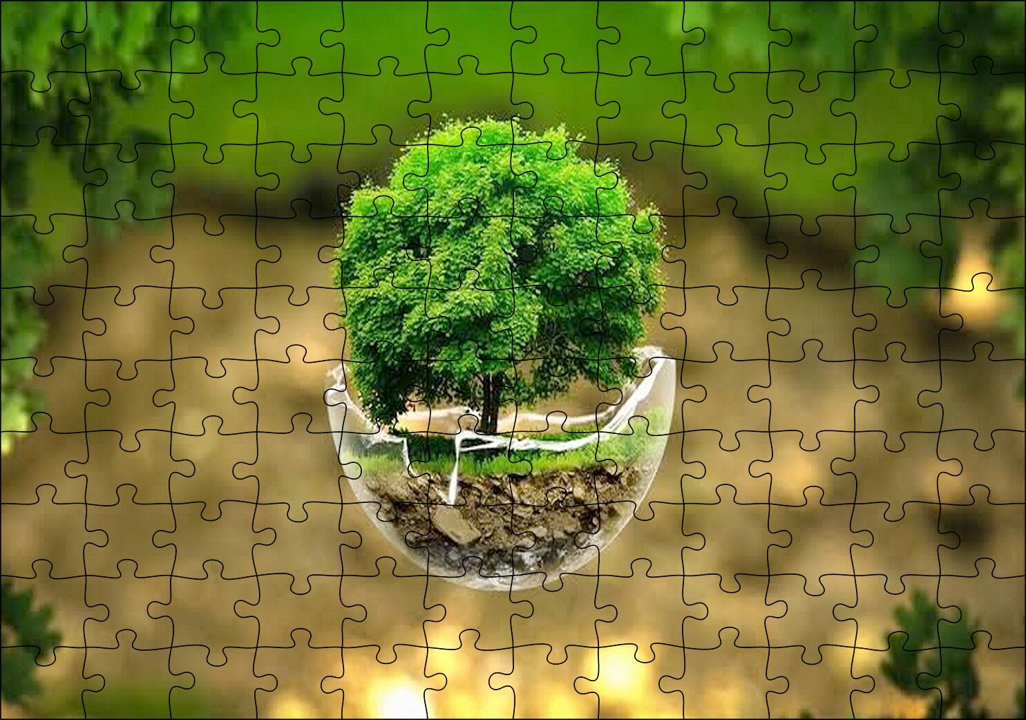 Volkanlar Harika Dünya Cam Kasede Ağaç Görseli Puzzle Yapboz MDF Ahşap