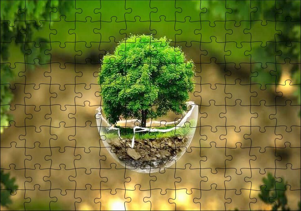 Volkanlar Harika Dünya Cam Kasede Ağaç Görseli Puzzle Yapboz MDF Ahşap