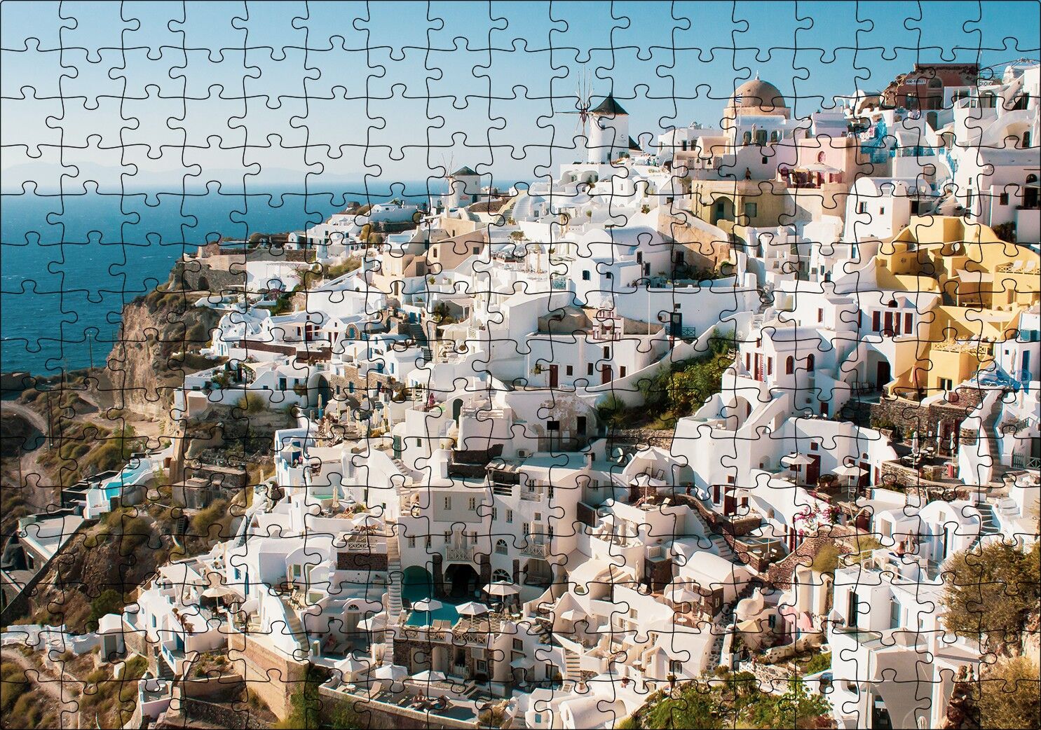 Yunanistan Santorini Yamaç Evleri Puzzle Yapboz MDF Ahşap 255 Parça 34 cm X 49 cm