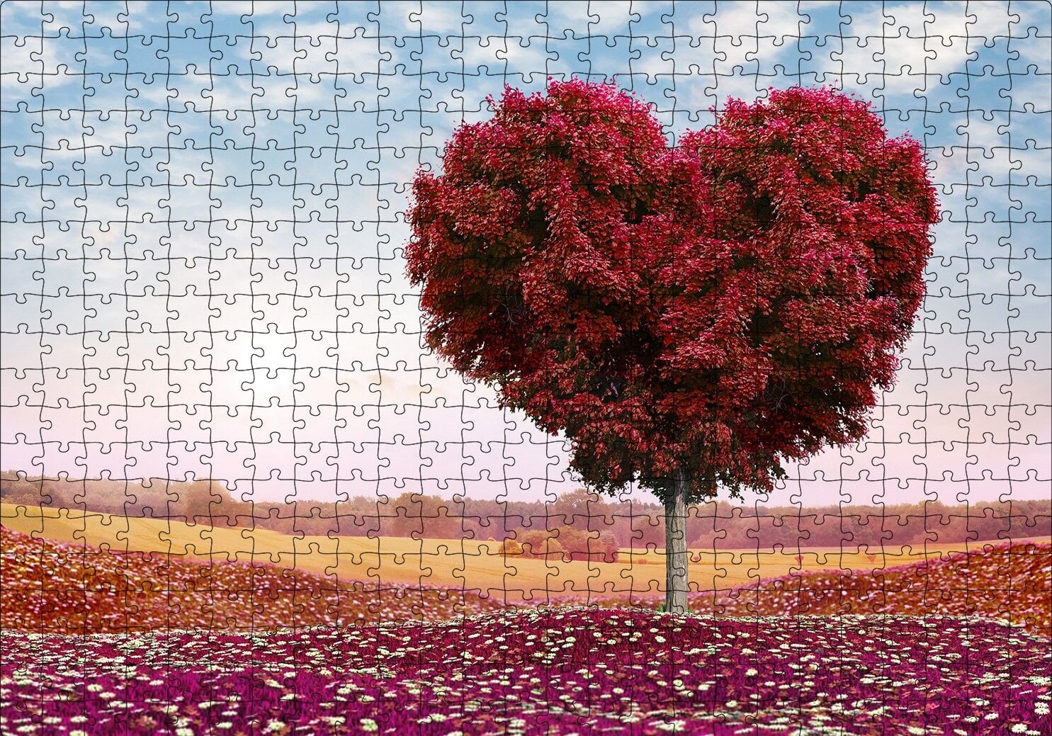 Kalp Şeklinde Ağaç Kızıl Yapraklar Puzzle Yapboz MDF Ahşap 500 Parça 49 cm X 68 cm