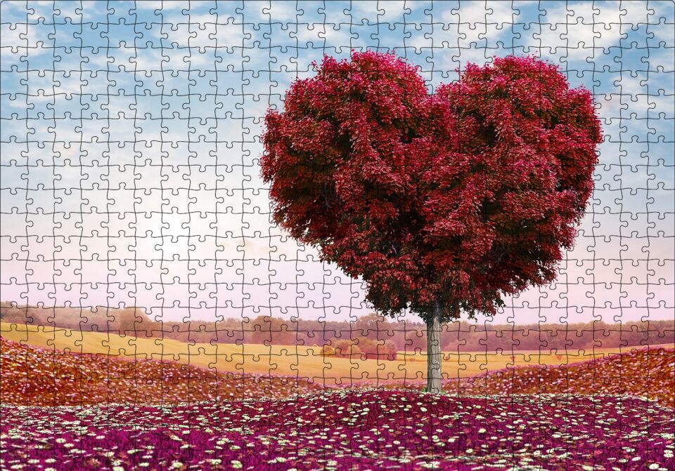 Kalp Şeklinde Ağaç Kızıl Yapraklar Puzzle Yapboz MDF Ahşap 500 Parça 49 cm X 68 cm