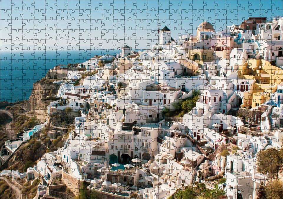 Yunanistan Santorini Yamaç Evleri Puzzle Yapboz MDF Ahşap 500 Parça 49 cm X 68 cm