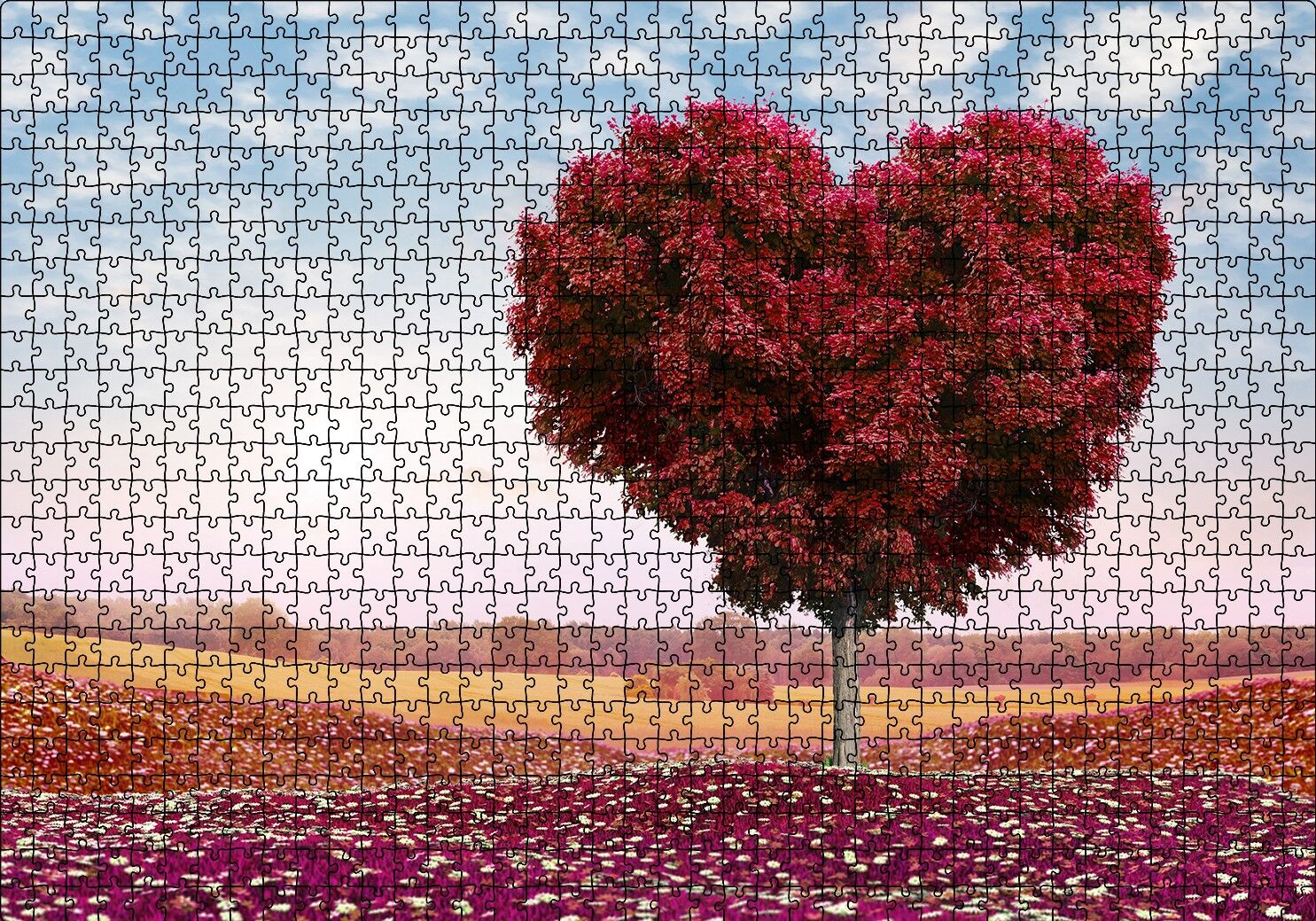 Kalp Şeklinde Ağaç Kızıl Yapraklar Puzzle Yapboz MDF Ahşap 1000 Parça 49 cm X 68 cm