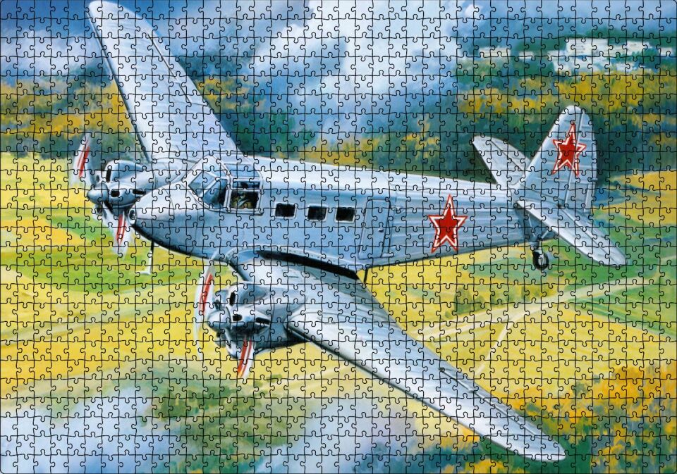 Çift Motorlu Nostaljik Uçak Puzzle Yapboz MDF Ahşap 1000 Parça 49 cm X 68 cm