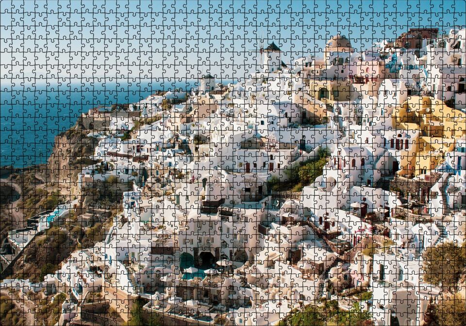 Yunanistan Santorini Yamaç Evleri Puzzle Yapboz MDF Ahşap 1000 Parça 49 cm X 68 cm
