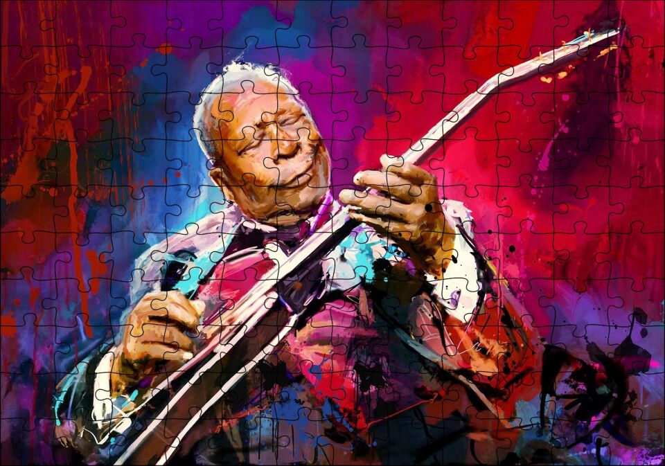 Yağlı Boya Resmi Elektronik Gitar Mutlu Caz Müzisyeni Görseli Puzzle Yapboz MDF Ahşap