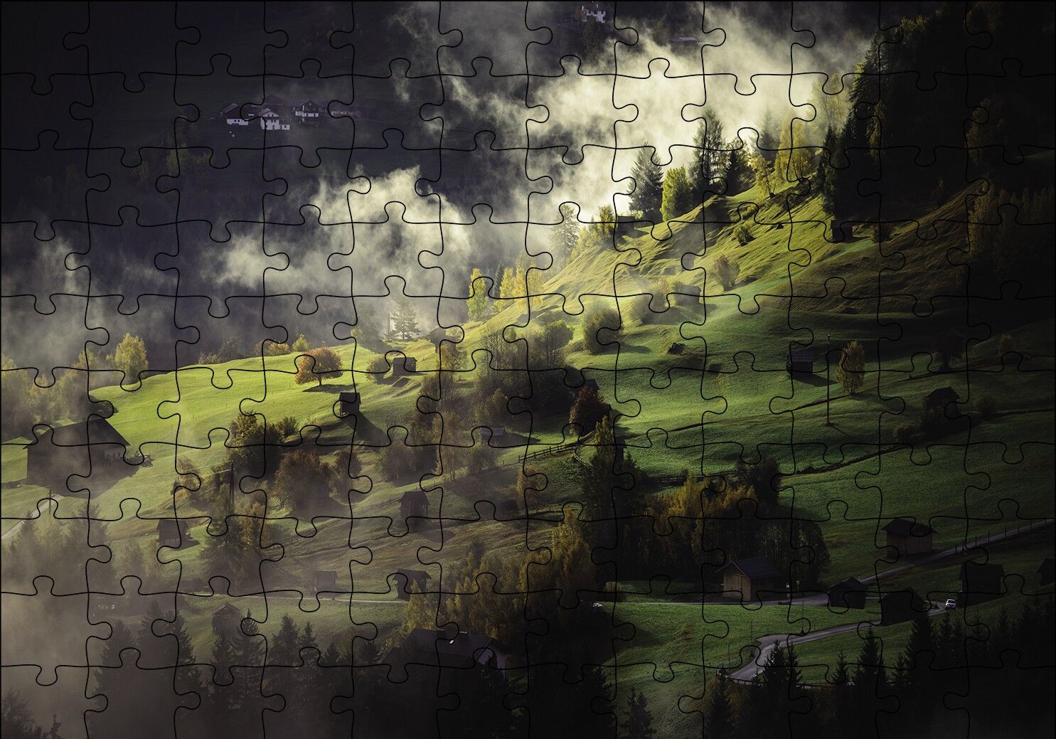 Yamaçlardaki Sisli Köy Puzzle Yapboz MDF Ahşap 120 Parça 24 cm X 34 cm