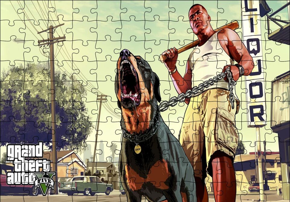 GTA 5 Franklin ve Chop Puzzle Yapboz MDF Ahşap 120 Parça 24 cm X 34 cm