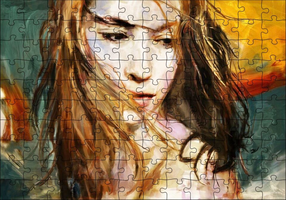 Yağlı Boya Resmi Kadın Uçuşan Saçlar Görseli Puzzle Yapboz MDF Ahşap