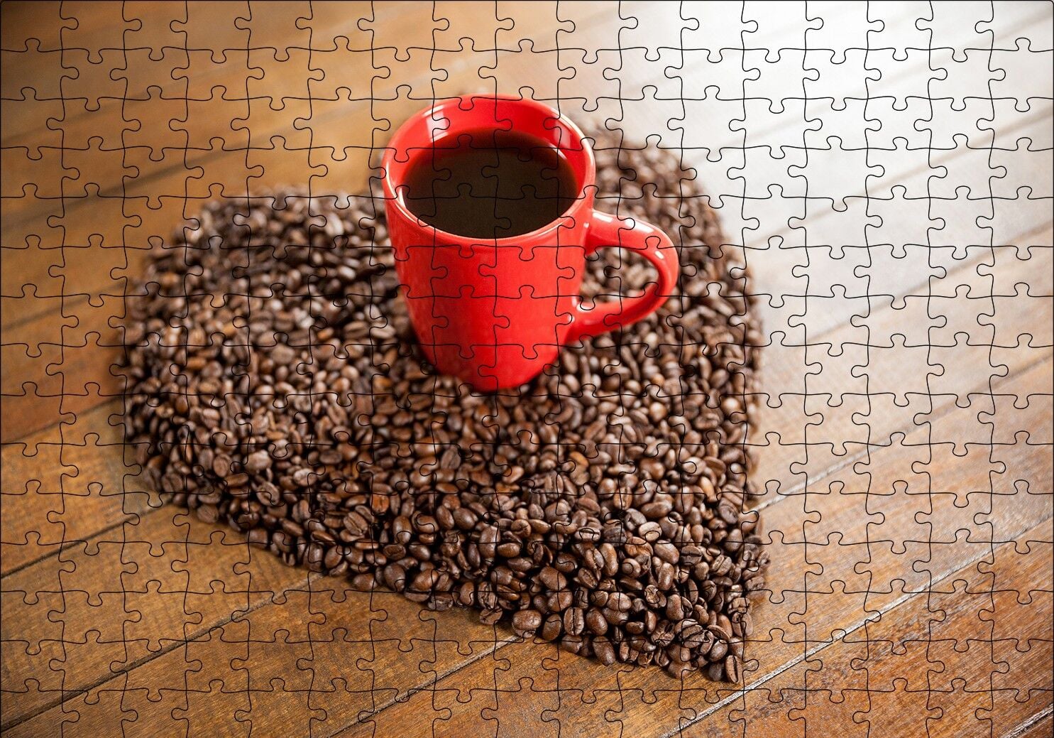 Kalp Şeklinde Kahve Çekirdekleri ve Kırmızı Fincanda Kahve Puzzle Yapboz MDF Ahşap 255 Parça 34 cm X 49 cm