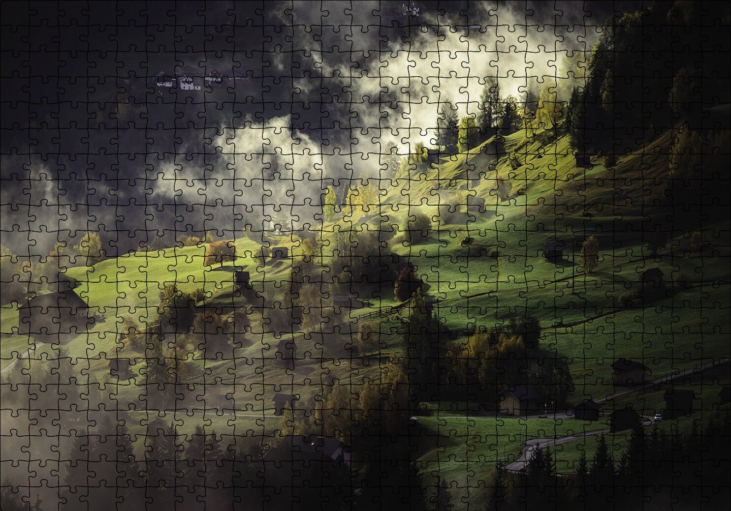 Yamaçlardaki Sisli Köy Puzzle Yapboz MDF Ahşap 500 Parça 49 cm X 68 cm