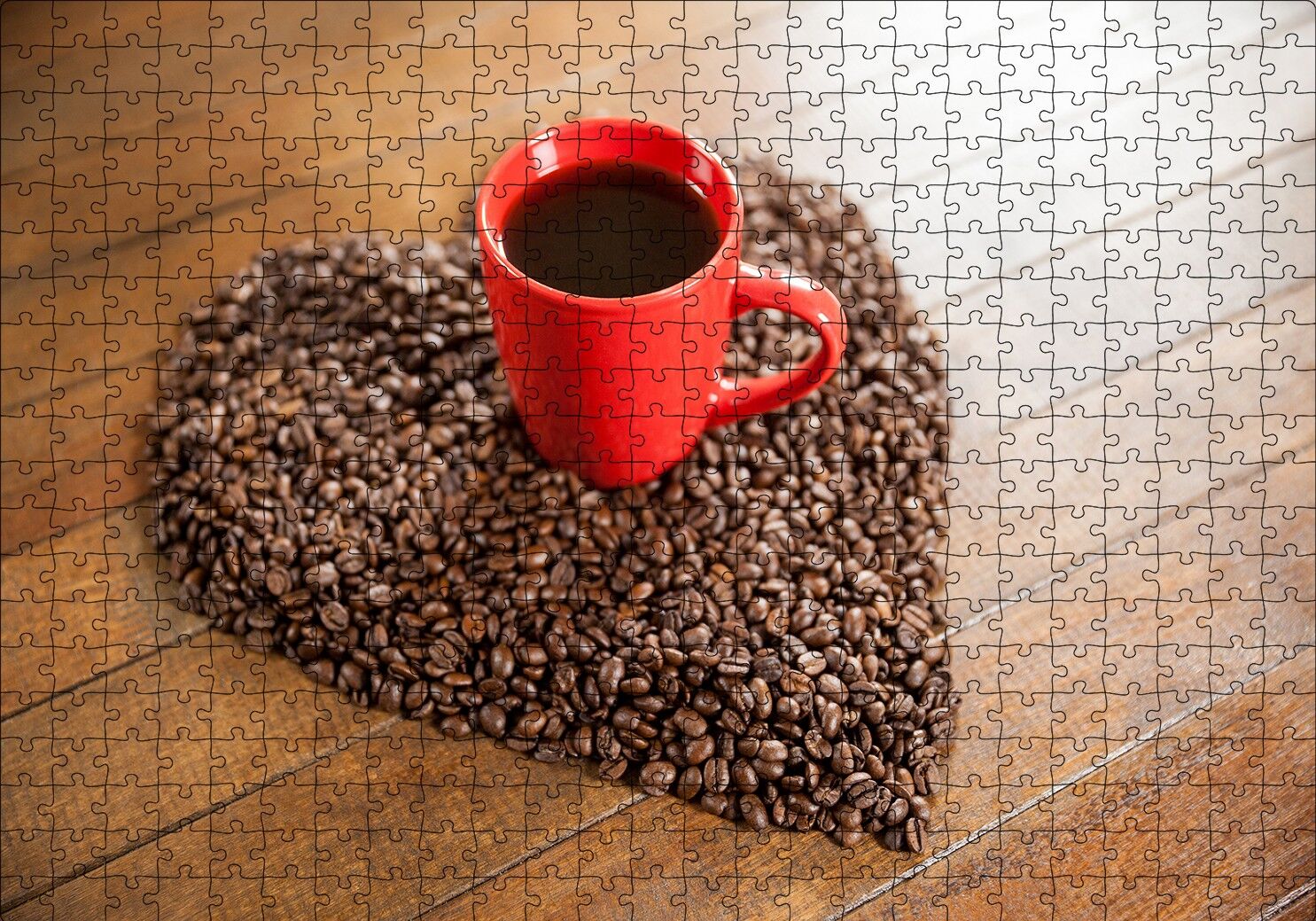 Kalp Şeklinde Kahve Çekirdekleri ve Kırmızı Fincanda Kahve Puzzle Yapboz MDF Ahşap 500 Parça 49 cm X 68 cm