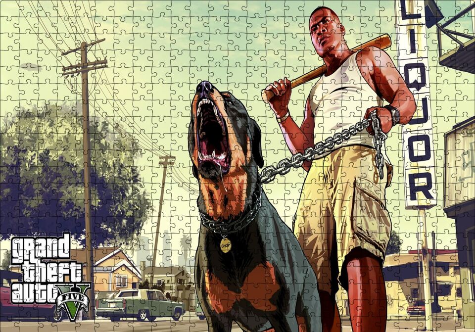 GTA 5 Franklin ve Chop Puzzle Yapboz MDF Ahşap 500 Parça 49 cm X 68 cm