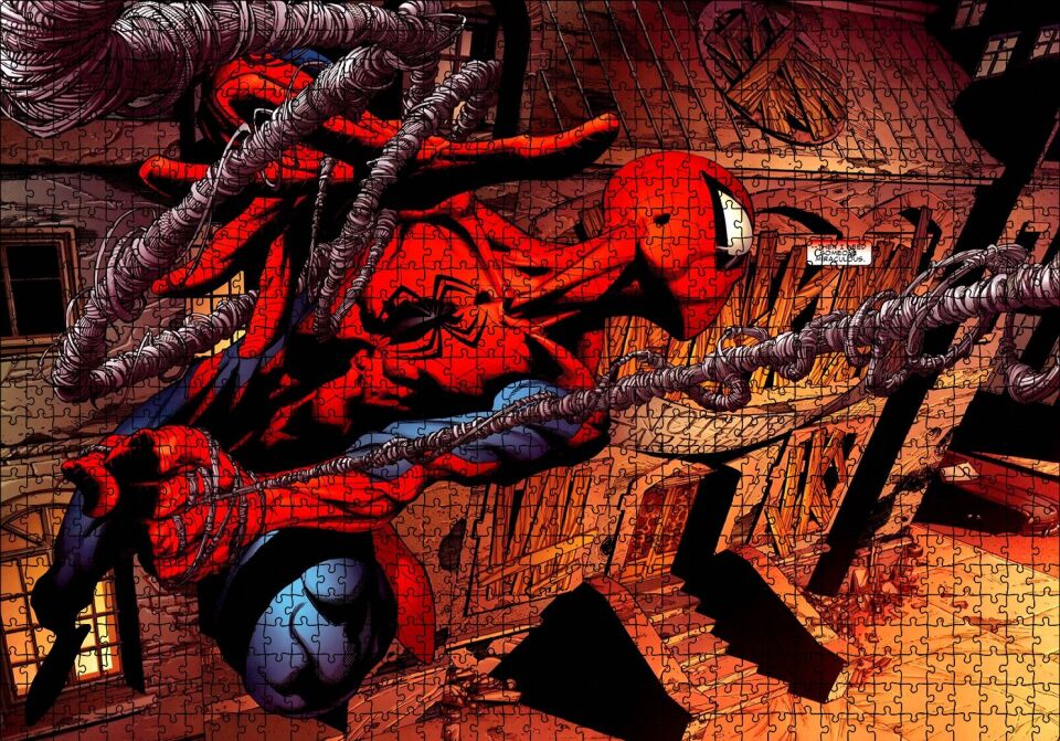 Spider Man Ağları Üzerinde Uçuyor Puzzle Yapboz MDF Ahşap 1000 Parça 49 cm X 68 cm