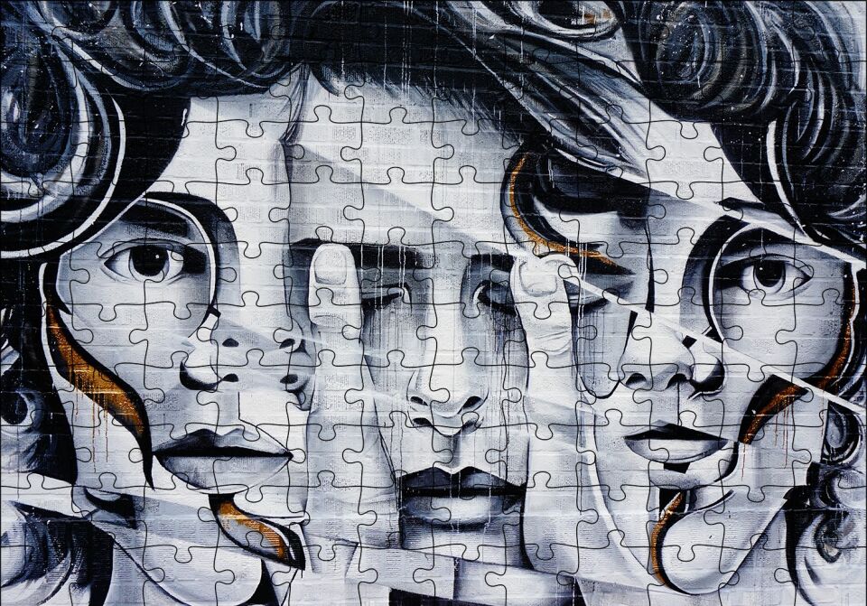 Parmaklar ve Yüzler İllüzyonik Duvar Boyama Puzzle Yapboz MDF Ahşap 120 Parça 24 cm X 34 cm