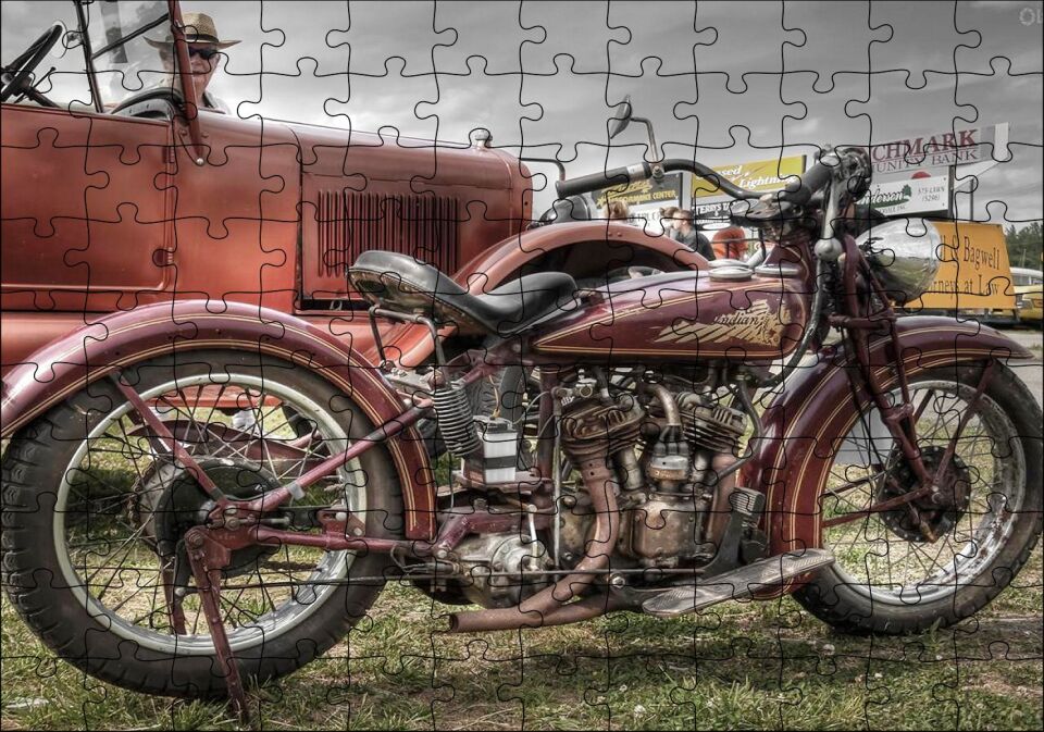 Antika Motosiklet Ve Araba Görseli Puzzle Yapboz MDF Ahşap 120 Parça 24 cm X 34 cm