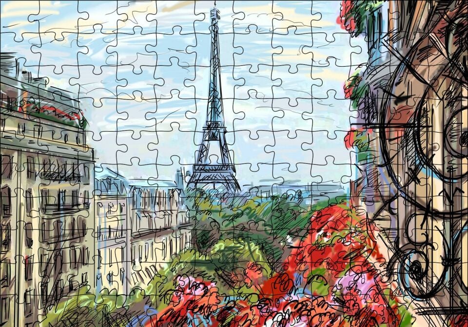 Balkondan Paris Eyfel Manzarası Artwork Puzzle Yapboz MDF Ahşap