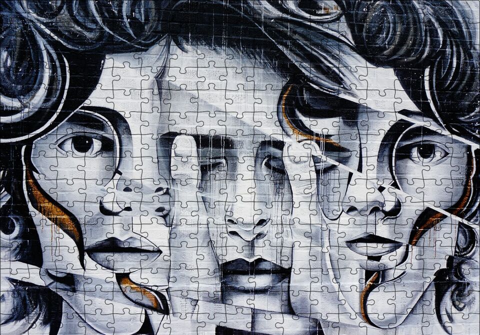 Parmaklar ve Yüzler İllüzyonik Duvar Boyama Puzzle Yapboz MDF Ahşap 255 Parça 34 cm X 49 cm