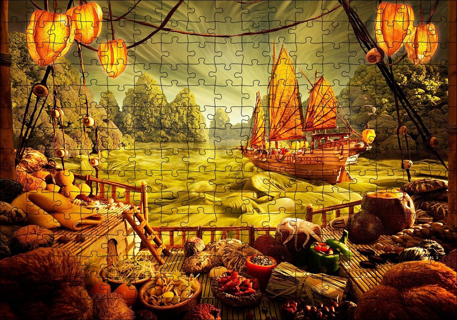 Deniz Mahsulu Sebzelerden Kemi Doğa Manzarası Puzzle Yapboz MDF Ahşap 255 Parça 34 cm X 49 cm