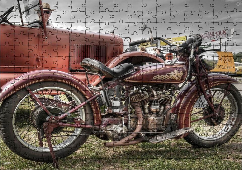 Antika Motosiklet Ve Araba Görseli Puzzle Yapboz MDF Ahşap 255 Parça 34 cm X 49 cm