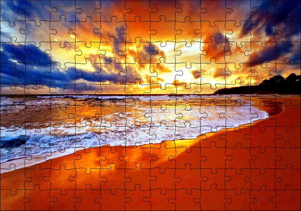 Kumsal Bulutlar ve Kızıl Gün Batımı Puzzle Yapboz MDF Ahşap
