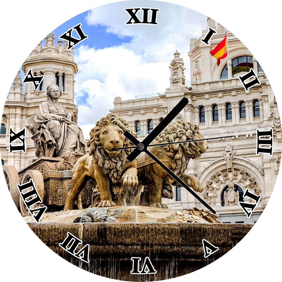 Cibeles Çeşmesi Madrid Mdf Ahşap Duvar Saati 30 cm Çap