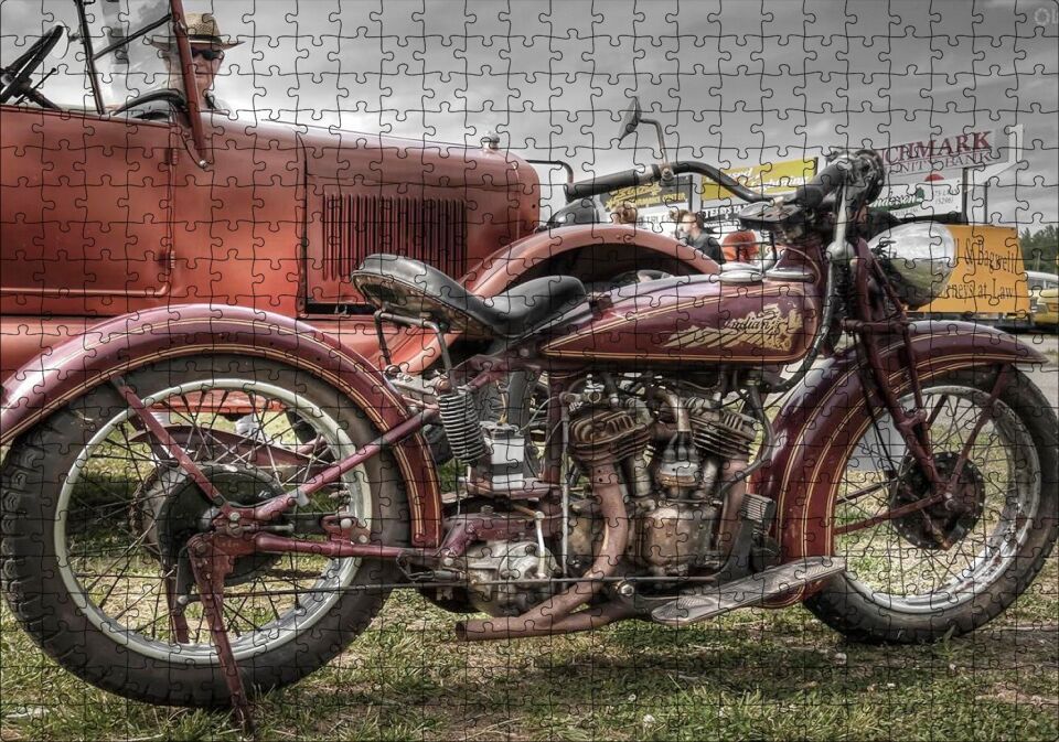 Antika Motosiklet Ve Araba Görseli Puzzle Yapboz MDF Ahşap 500 Parça 49 cm X 68 cm
