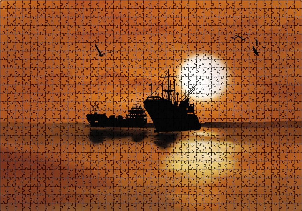 Yük Gemisi Martılar Gün Batımı Puzzle Yapboz MDF Ahşap 1000 Parça 49 cm X 68 cm
