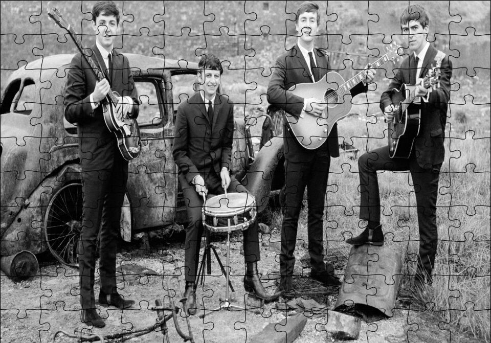 Beatles Grup Fotoğrafı Siyah Beyaz Puzzle Yapboz MDF Ahşap