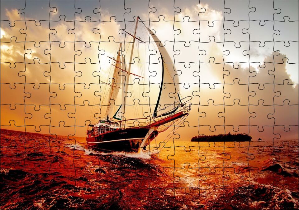 Yelkenli Gemi Dalgalı Deniz Bulutlu Gök Görseli Puzzle Yapboz MDF Ahşap