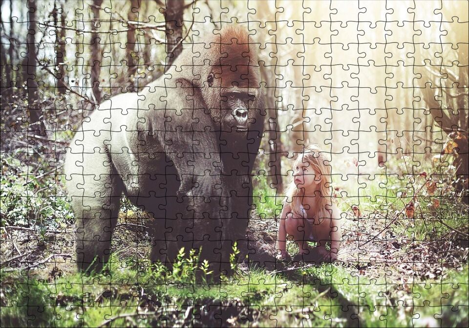 Çocuk Ve Goril Görseli Puzzle Yapboz MDF Ahşap 255 Parça 34 cm X 49 cm