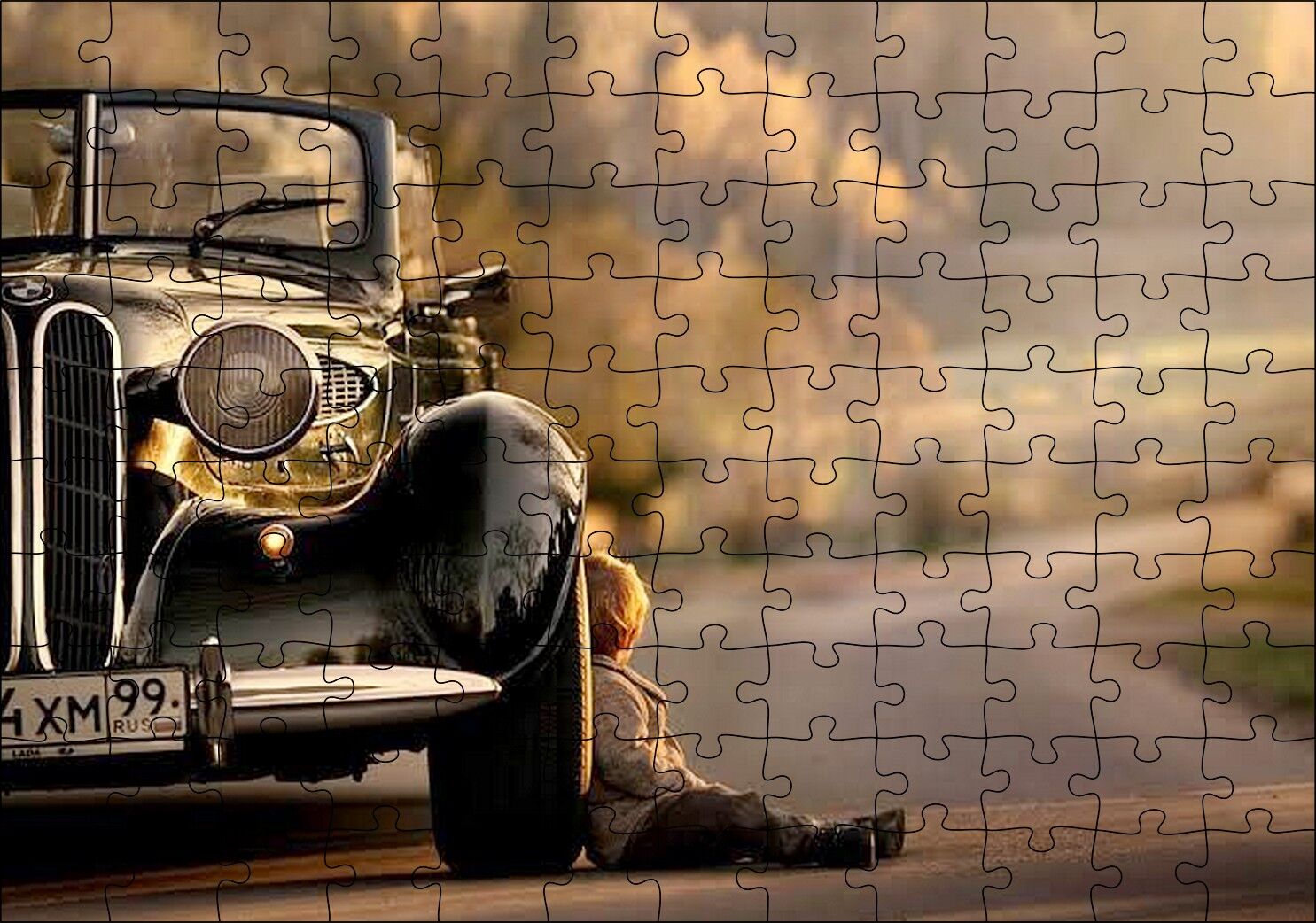 Yolda Antika Araba Ve Çocuk Görseli Puzzle Yapboz MDF Ahşap