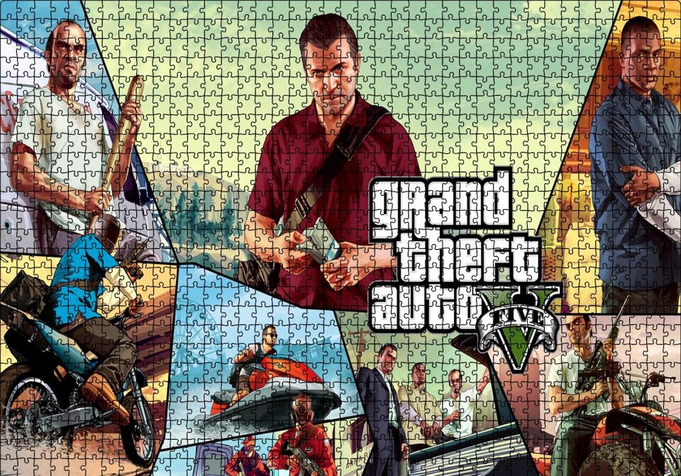 GTA 5 Michael Franklin ve Trevor Kompozisyon Puzzle Yapboz MDF Ahşap 1000 Parça 49 cm X 68 cm