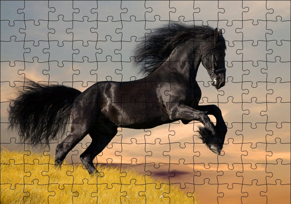 Çayırda Koşan Vahşi Siyah At Puzzle Yapboz MDF Ahşap 120 Parça 24 cm X 34 cm