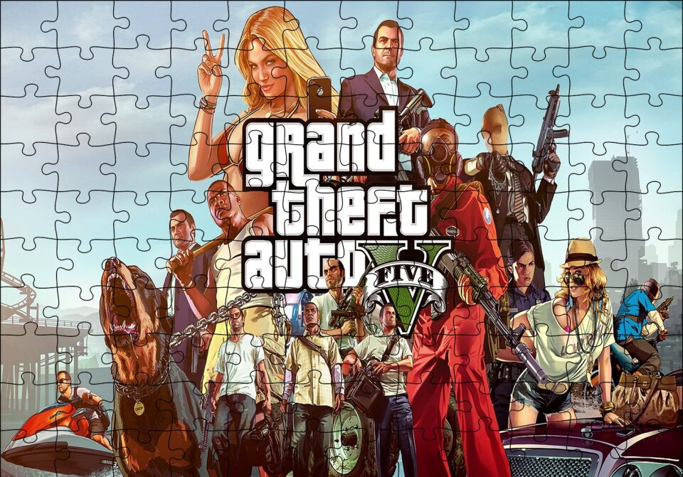 GTA 5 Oyun Posteri Tüm Karakterler Puzzle Yapboz MDF Ahşap 120 Parça 24 cm X 34 cm
