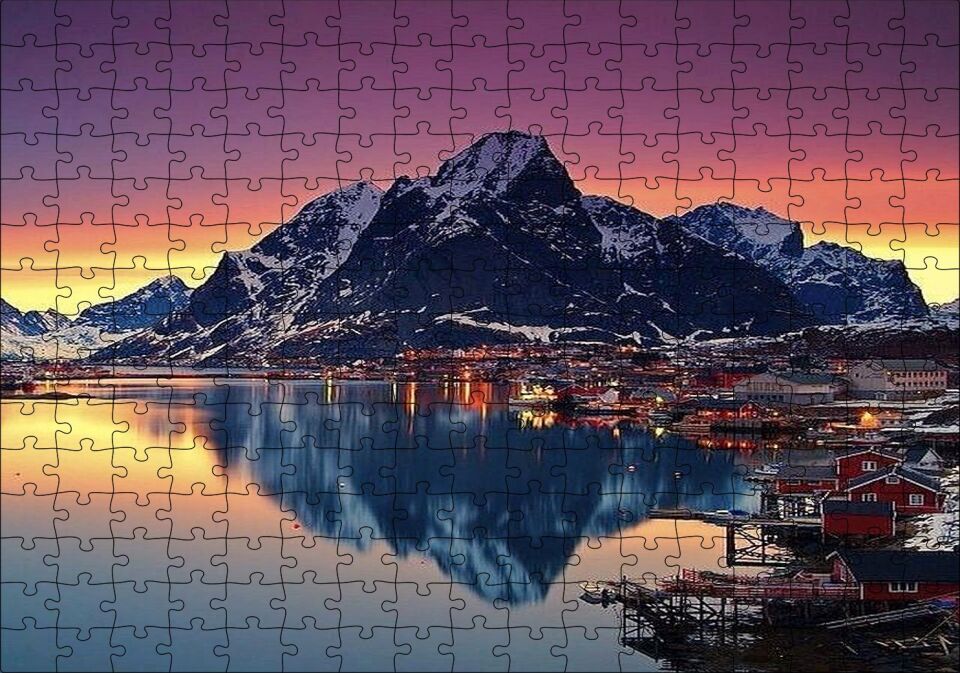 Dağ Göl Kasaba Görseli Puzzle Yapboz MDF Ahşap 255 Parça 34 cm X 49 cm