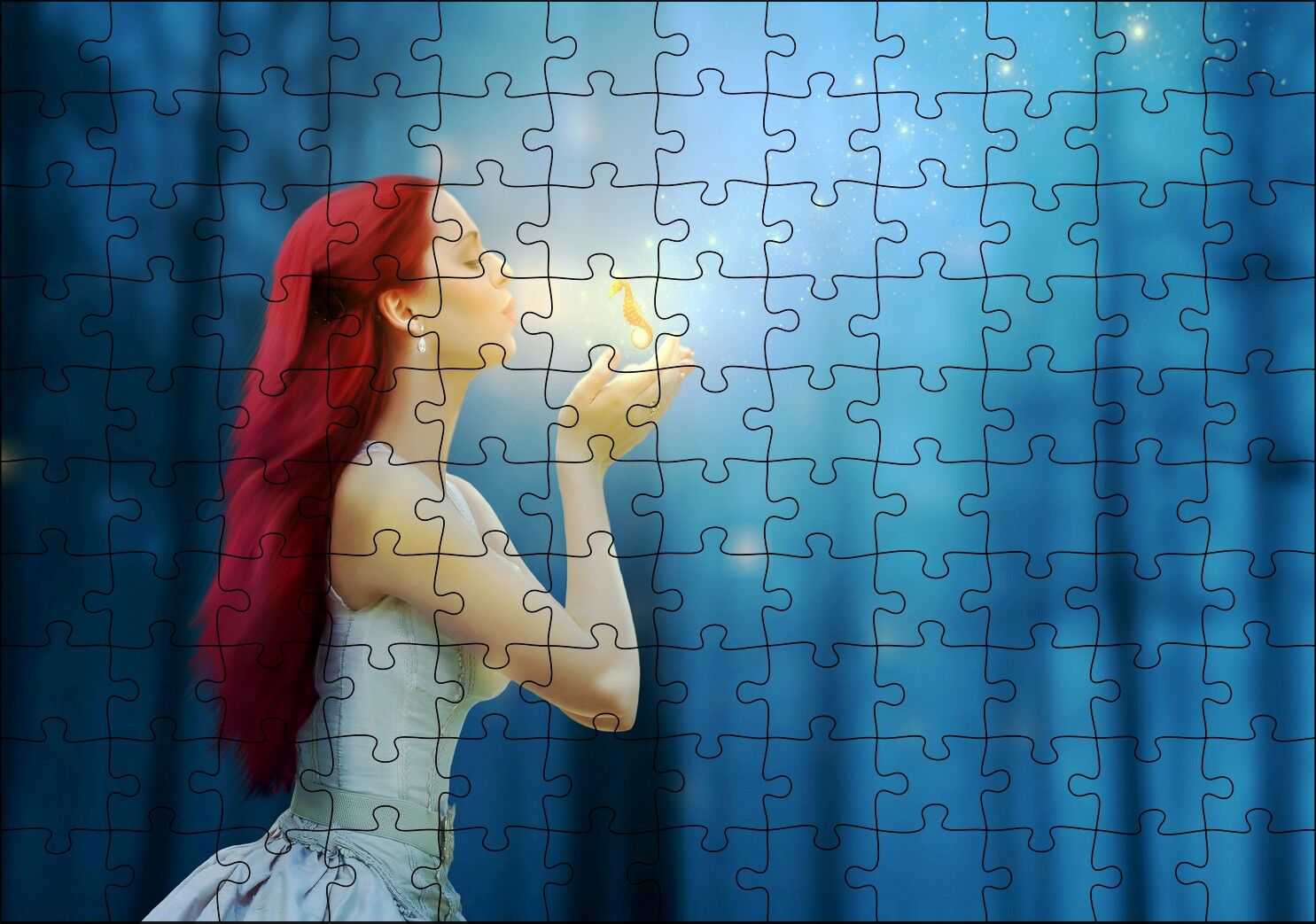 Fantastik Kızıl Saçlı Kız ve Denizatı Puzzle Yapboz MDF Ahşap