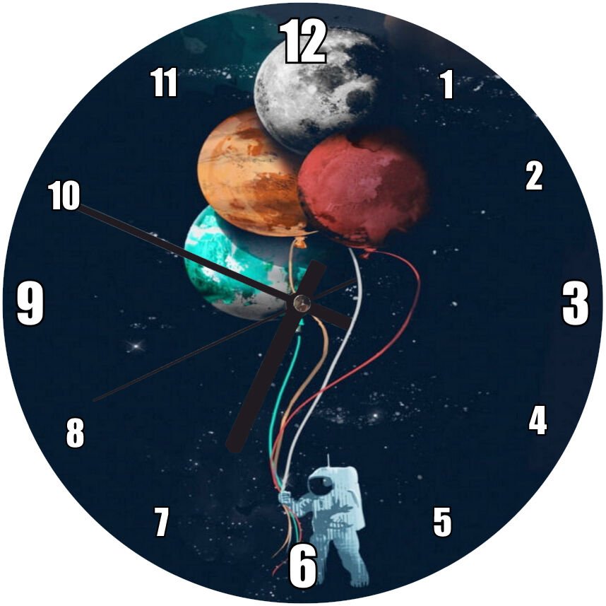 Astronot Balonlar Uzay Görseli Mdf Ahşap Duvar Saati 30 cm Çap