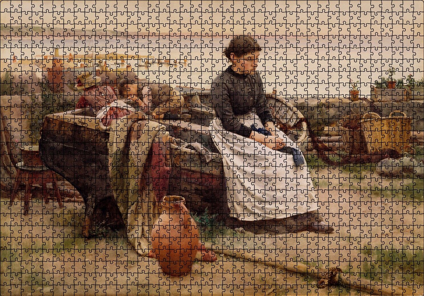 Sandalda Çocuklar ve Kederli Kadın Puzzle Yapboz MDF Ahşap 1000 Parça 49 cm X 68 cm