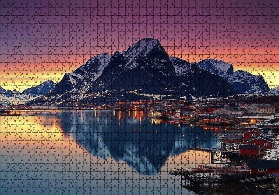 Dağ Göl Kasaba Görseli Puzzle Yapboz MDF Ahşap 1000 Parça 49 cm X 68 cm