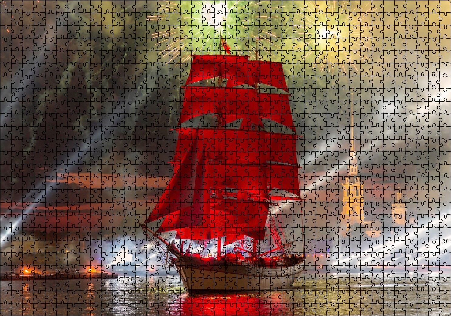 Havai Fişek Yelkenli Gemi Tekne Puzzle Yapboz MDF Ahşap 1000 Parça 49 cm X 68 cm