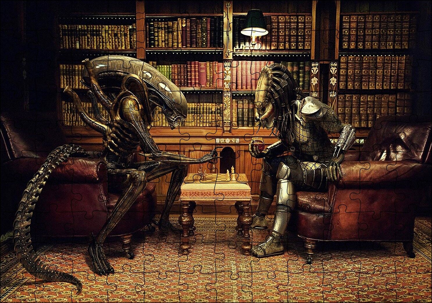 Satranç Oynayan Alien ve Avcı Puzzle Yapboz MDF Ahşap